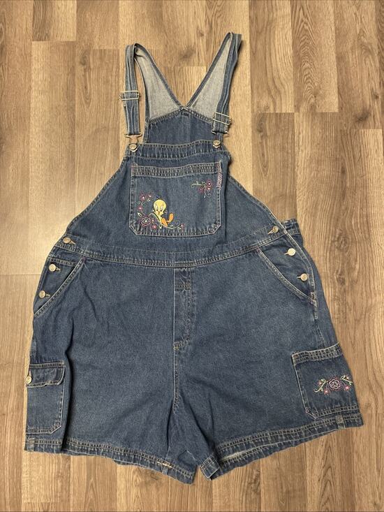 Looney Tunes Pants - 90s Looney Tunes Tweety Bird Denim Overalls Shorts Shortalls Plus 22W 24W